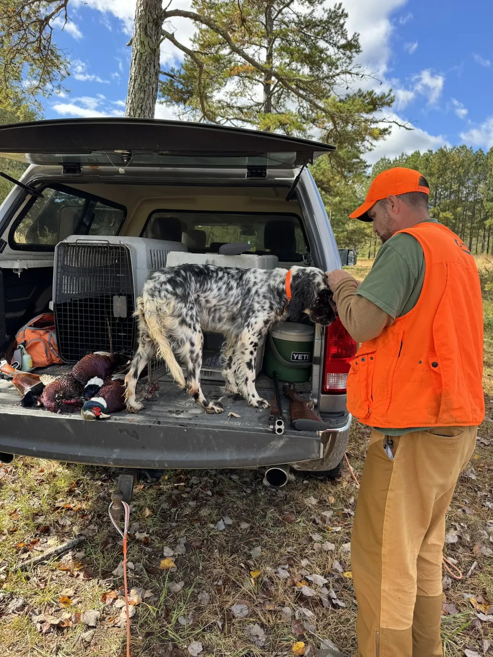Jason at the tailgate with a setter and the morning's birds